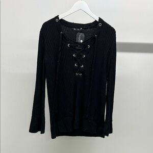 Elegant Black Lace-Up V-Neck Sweater